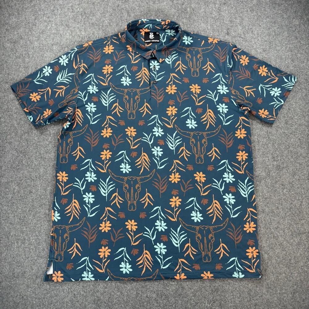 Raised By Coyotes Steer Skull Floral Polo Shirt Teal Blue Men’s XXL
